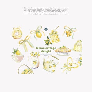 May include: Watercolor illustrations of lemon-themed items, including a donut, bows, a jar of jam, a pie, a cake, a bowl of lemon dessert, a pitcher, a basket, and a teapot. The text "lemon cottage delight" is also present.
