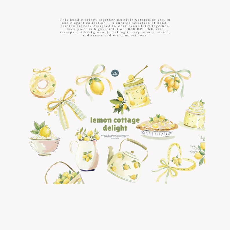 May include: Watercolor illustrations of lemon-themed items, including a donut, bows, a jar of jam, a pie, a cake, a bowl of lemon dessert, a pitcher, a basket, and a teapot. The text "lemon cottage delight" is also present.