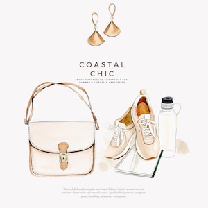 May include: Watercolor illustration of a summery boho style set with a beige crossbody bag, two white sneakers, a water bottle, and gold earrings. The text "COASTAL CHIC" is written above the illustration. The text below the illustration reads "BOHO WATERCOLOR CLIPART SET FOR SUMMER & LIFESTYLE AESTHETICS".
