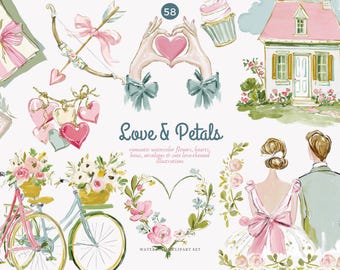 watercolor romantic clipart set with hearts, bows, florals and envelopes, pastel coquette love illustrations, wedding valentine png