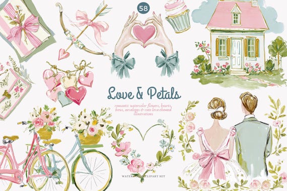 watercolor romantic clipart set with hearts, bows, florals and envelopes, pastel coquette love illustrations, wedding valentine png