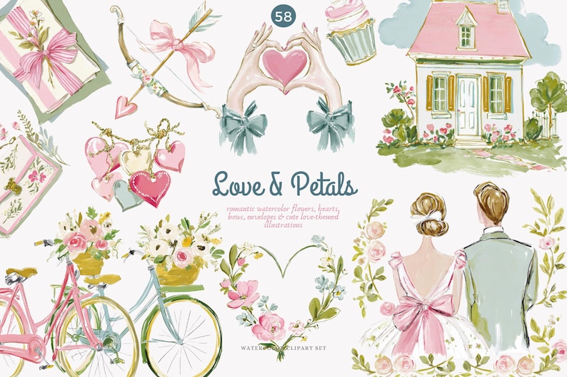 May include: Watercolor illustrations with a romantic theme. The image includes a pink house, bicycles with flower baskets, hearts, bows, a bow and arrow, and a couple. The text reads "Love & Petals".
