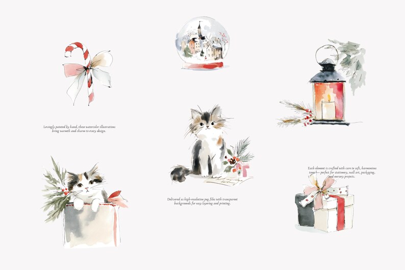 watercolor christmas kitten clipart set, cozy holiday cats, festive winter kittens, cute watercolor pet illustrations for cards & crafts image 7