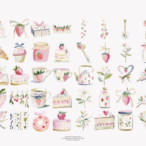 Puede incluir: Ilustraciones en acuarela de fresas, postres y art&iacute;culos de cocina en rosa y verde. La imagen incluye pasteles, magdalenas, tarros, tazas de t&eacute;, una tetera y un cruas&aacute;n, todos decorados con fresas y lazos.