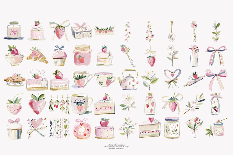 Puede incluir: Ilustraciones en acuarela de fresas, postres y art&iacute;culos de cocina en rosa y verde. La imagen incluye pasteles, magdalenas, tarros, tazas de t&eacute;, una tetera y un cruas&aacute;n, todos decorados con fresas y lazos.