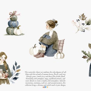 May include: Watercolor clipart set featuring autumn-themed illustrations. Includes stacked pumpkins, a woman with pumpkins, fall foliage, and a woman holding a pumpkin. The text describes the set's features.