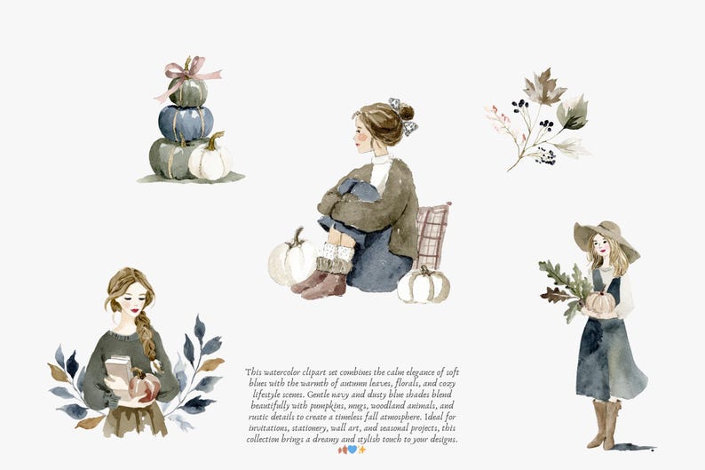 May include: Watercolor clipart set featuring autumn-themed illustrations. Includes stacked pumpkins, a woman with pumpkins, fall foliage, and a woman holding a pumpkin. The text describes the set's features.