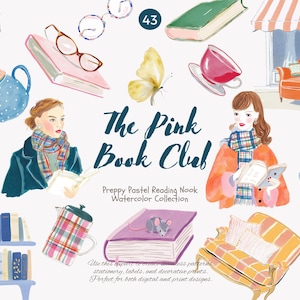 May include: Watercolor illustration titled "The Pink Book Club" featuring books, teacups, armchairs, and figures reading. The image has a preppy, pastel aesthetic with text that reads "Preppy Pastel Reading Nook Watercolor Collection."
