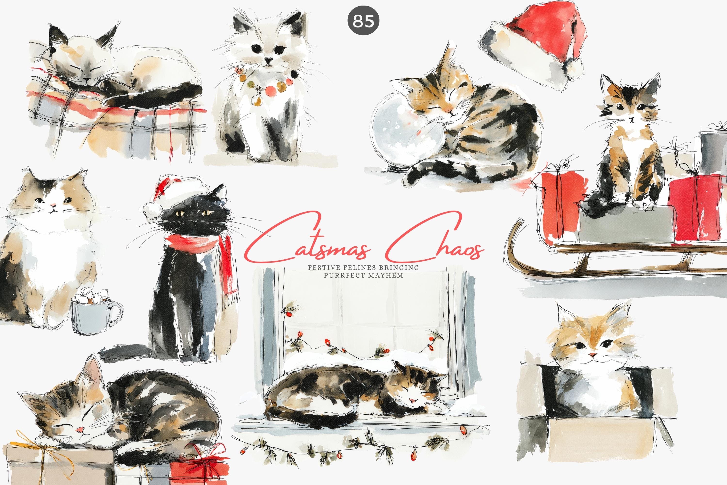 Watercolor Clipart - Png Illustration - Christmas Cats - Holiday Cats ...