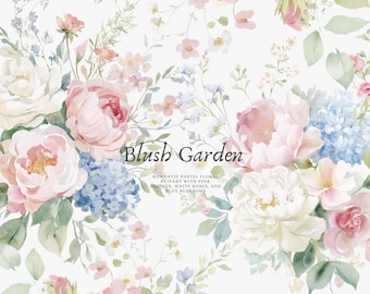 Puede incluir: Clipart floral en acuarela con peonías rosas, rosas blancas y flores azules. La imagen tiene un ambiente suave y romántico con el texto "Blush Garden". El diseño incluye hojas verdes y flores pequeñas.