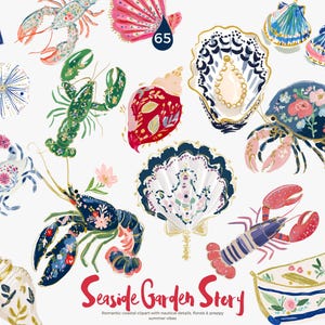 Puede incluir: Ilustraciones en acuarela de elementos marinos, incluyendo langostas, conchas y cangrejos, con detalles florales y náuticos. El texto "Seaside Garden Story" se muestra en escritura roja.
