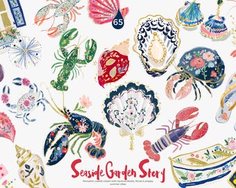 preppy coastal clipart png, nautical watercolor shells lobster crab, summer beach illustrations, floral sea life, chic seaside graphics