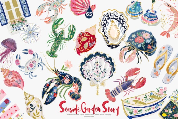 preppy coastal clipart png, nautical watercolor shells lobster crab, summer beach illustrations, floral sea life, chic seaside graphics