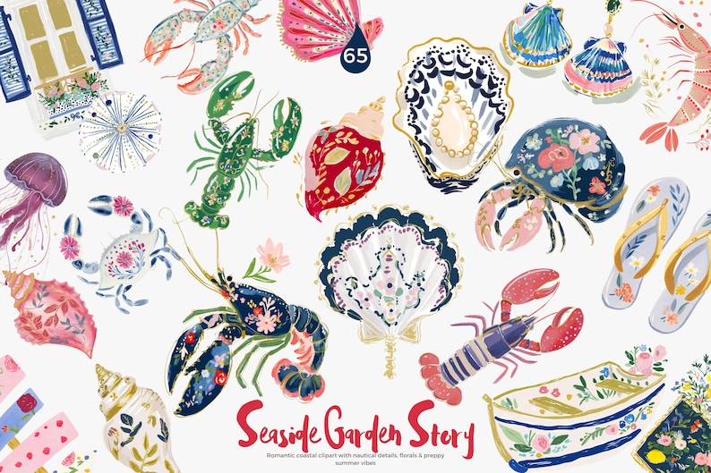 May include: Watercolor illustrations of seaside elements, including lobsters, seashells, and crabs, with floral and nautical details. The text "Seaside Garden Story" is displayed in red script, with additional text below.