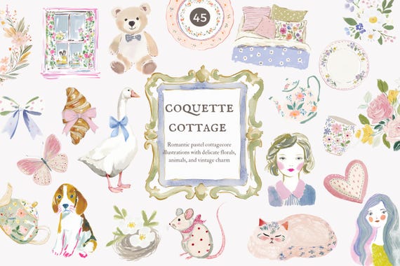 coquette cottage clipart, pastel cottagecore png, romantic vintage florals, shabby chic illustrations, feminine aesthetic bundle