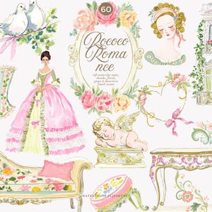 May include: Watercolor clipart set featuring Rococo-style illustrations. Includes a woman in a pink gown, a chaise lounge, a corset, a mirror, a table, and floral accents. The text "Rococo Roma" is in a decorative oval frame.