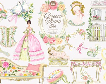 rococo watercolor clipart set, pastel florals, vintage french decor, romantic frames, coquette fashion illustrations, png digital download
