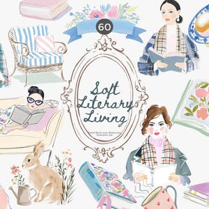 Könnte beinhalten: Aquarell-Illustrationsset mit Frauen, die Bücher lesen, einem Kaninchen und floralen Elementen. Der Text lautet "Soft Literary Living". Die Farbpalette umfasst Rosa, Blau und Grün.