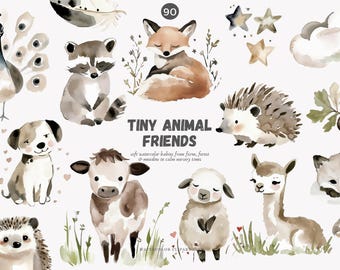 watercolor baby animals clipart set, soft neutral nursery forest farm illustrations, woodland barn animal graphics for kids crafts