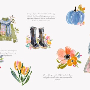 Puede incluir: Ilustraciones en acuarela con tem&aacute;tica oto&ntilde;al. Incluye una calabaza azul, un su&eacute;ter verde con bufanda, botas negras, flores y una mujer con falda y bufanda. Texto: "Wrap your designs in the warmth of fall..."