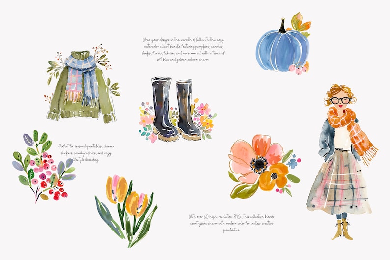 Puede incluir: Ilustraciones en acuarela con tem&aacute;tica oto&ntilde;al. Incluye una calabaza azul, un su&eacute;ter verde con bufanda, botas negras, flores y una mujer con falda y bufanda. Texto: "Wrap your designs in the warmth of fall..."