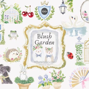 Imágenes prediseñadas caprichosas - Animales pastel - Floración primaveral - Ilustración de jardín - Imágenes prediseñadas de mascotas - Animales de cuento de hadas - Jardín cottagecore