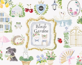 Imágenes prediseñadas caprichosas - animales pastel - floración primaveral - ilustración de jardín - imágenes prediseñadas de mascotas - animales de cuento de hadas - jardín cottagecore