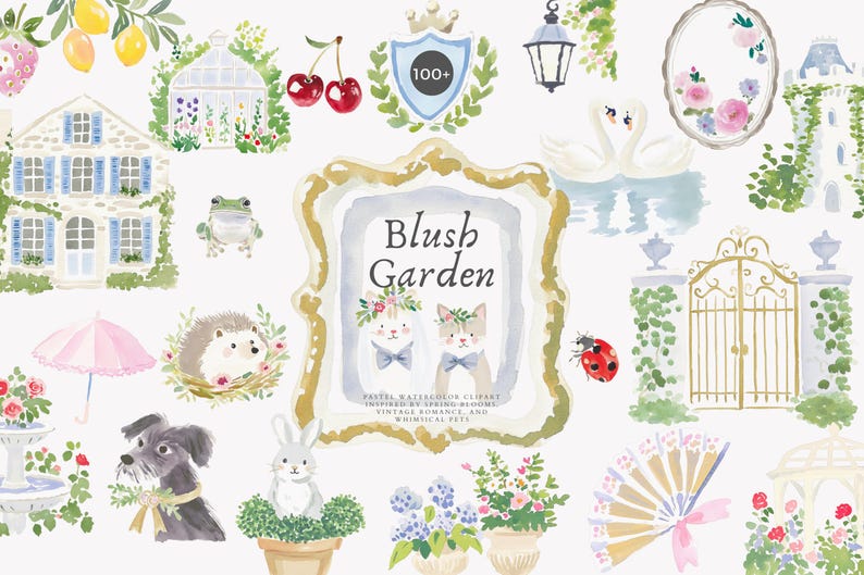 以下が含まれることがあります： 庭をテーマにした水彩イラスト。家、動物、花、そして「Blush Garden」の文字が含まれています。カラーパレットは、ピンク、ブルー、グリーンを使ったソフトな色合いです。