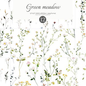 Pode incluir: Padrão floral em aquarela com delicadas flores silvestres em tons de verde, branco, amarelo e rosa. O design inclui o texto "Green meadow" e é apresentado em uma grade de 12 painéis. A imagem está em formato jpeg.