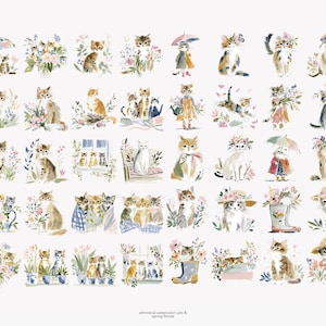 May include: Watercolor illustrations of cats in various poses, surrounded by flowers and spring florals. Some cats wear hats or hold umbrellas. The text "whimsical watercolor cats & spring florals" is at the bottom.