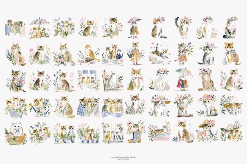 May include: Watercolor illustrations of cats in various poses, surrounded by flowers and spring florals. Some cats wear hats or hold umbrellas. The text "whimsical watercolor cats & spring florals" is at the bottom.