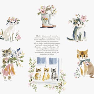 May include: Watercolor illustrations of adorable kittens with floral accents. One kitten wears a flower crown, another holds a bouquet, and a third is in a rain boot filled with flowers. The artwork has a soft, pastel color palette.