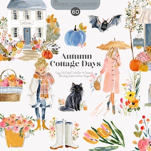 May include: Watercolour illustrations depicting autumnal scenes, including a house, pumpkins, a black cat, and a woman with an umbrella. The text "Autumn Cottage Days" is displayed. The image has a cosy, fall-themed aesthetic.
