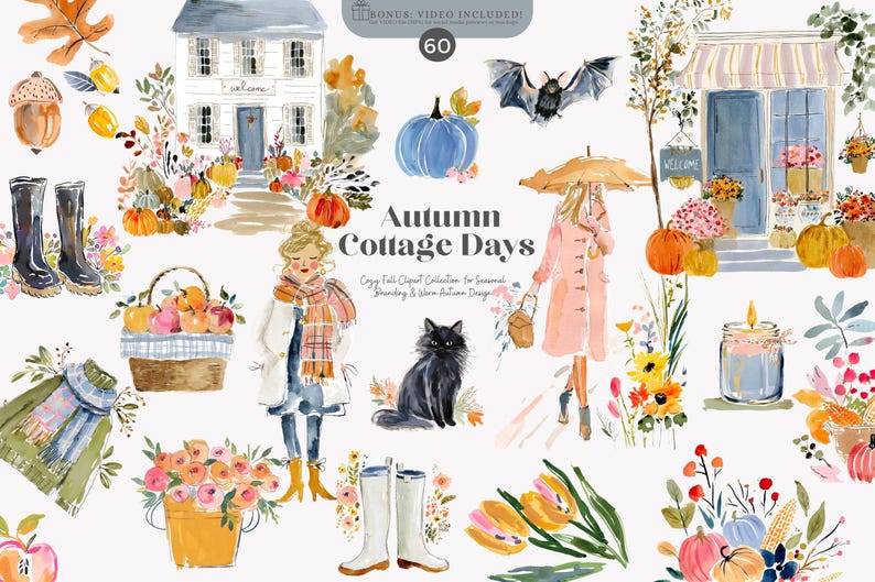 Puede incluir: Ilustraciones en acuarela de escenas oto&ntilde;ales, incluyendo una casa, calabazas, un gato negro y una mujer con un paraguas. Se muestra el texto "Autumn Cottage Days". La imagen tiene una est&eacute;tica acogedora con tem&aacute;tica oto&ntilde;al.