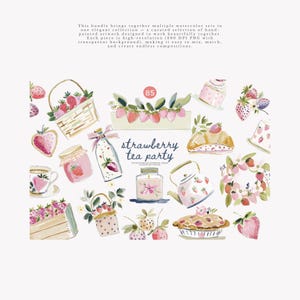 May include: Watercolor illustrations of a strawberry tea party, featuring various elements like teacups, teapots, baskets of strawberries, and a pie. The text "strawberry tea party" is displayed in the center. The image has a soft, pastel color palette.