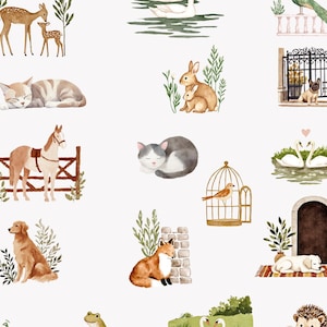 May include: Watercolor illustrations of various animals and nature elements. The set includes deer, ducks, rabbits, cats, a horse, a dog, a fox, a bird in a cage, swans, a frog, a peacock, and a hedgehog. The text "WHIMSICAL CLIPART SET" is at the bottom.
