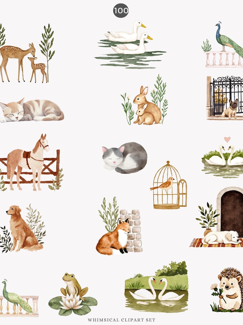 May include: Watercolor illustrations of various animals and nature elements. The set includes deer, ducks, rabbits, cats, a horse, a dog, a fox, a bird in a cage, swans, a frog, a peacock, and a hedgehog. The text "WHIMSICAL CLIPART SET" is at the bottom.