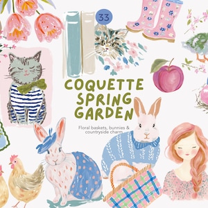 Peut inclure: Illustration à l'aquarelle avec le texte "COQUETTE SPRING GARDEN". L'image présente des paniers fleuris, des lapins, un chat, un caneton, des œufs, des fleurs et une fille. La palette de couleurs comprend le rose, le bleu et le vert.