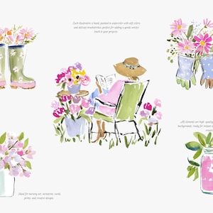 May include: Watercolor illustrations of garden scenes. Includes images of flowers in boots, a person reading, flowers in a vase, gloves, and a drink. Text on the image says, "Each illustration is hand-painted in watercolor with soft colors and delicate brushstrokes."
