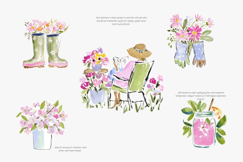 May include: Watercolor illustrations of garden scenes. Includes images of flowers in boots, a person reading, flowers in a vase, gloves, and a drink. Text on the image says, "Each illustration is hand-painted in watercolor with soft colors and delicate brushstrokes."