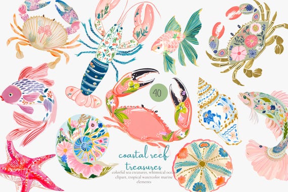 tropical reef clipart, decorative sea creatures watercolor, colorful shells crab fish ocean illustrations, summer beach graphics set