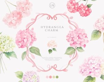 watercolor pink preppy chinoiserie clipart collection - pink hydrangea - vintage flowers - pink hydrangea -preppy pink frame -wedding flower