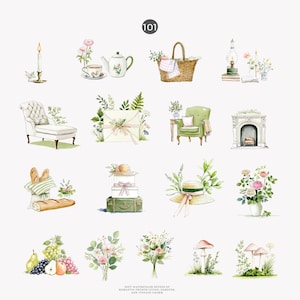 May include: Watercolor illustrations of vintage French scenes. The images include a teapot, teacup, picnic basket, armchair, fireplace, luggage, hat, flowers, and mushrooms. The text at the bottom reads "Soft watercolor scenes of romantic French living, gardens, and vintage charm."