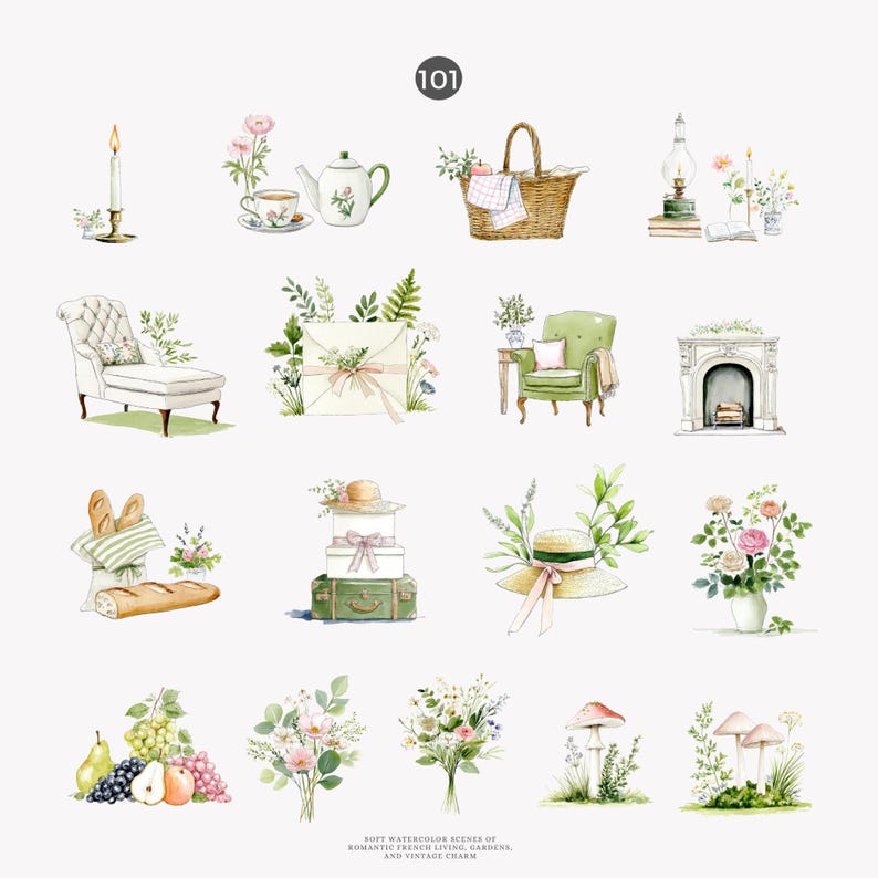 May include: Watercolor illustrations of vintage French scenes. The images include a teapot, teacup, picnic basket, armchair, fireplace, luggage, hat, flowers, and mushrooms. The text at the bottom reads "Soft watercolor scenes of romantic French living, gardens, and vintage charm."