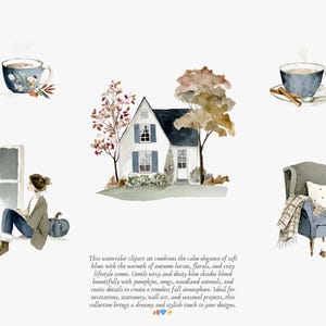 May include: Watercolor clipart featuring a cozy autumn theme. Includes a house, teacups, a person by a window, and an armchair. The text describes the collection's dreamy and stylish touch for designs.