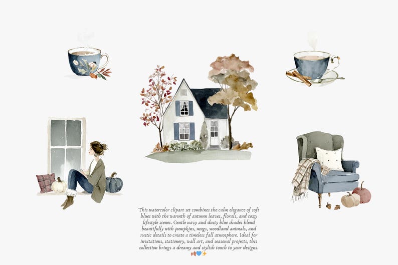 May include: Watercolor clipart featuring a cozy autumn theme. Includes a house, teacups, a person by a window, and an armchair. The text describes the collection's dreamy and stylish touch for designs.