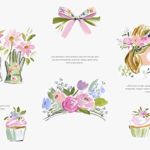 May include: Watercolor illustrations featuring floral elements. Includes pink and orange flowers, green gardening gloves with floral accents, a floral bow, a woman with a flower crown, a bouquet, and cupcakes.