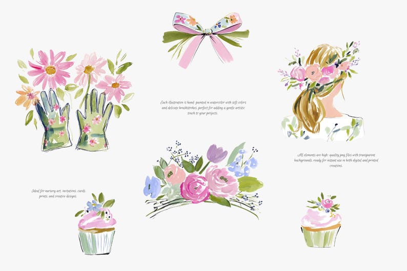 May include: Watercolor illustrations featuring floral elements. Includes pink and orange flowers, green gardening gloves with floral accents, a floral bow, a woman with a flower crown, a bouquet, and cupcakes.