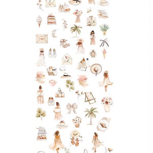 May include: A collection of watercolor illustrations featuring fashion, accessories, and nature-inspired elements. The illustrations are in soft neutral tones and include items like hats, sunglasses, sandals, flowers, and palm trees.