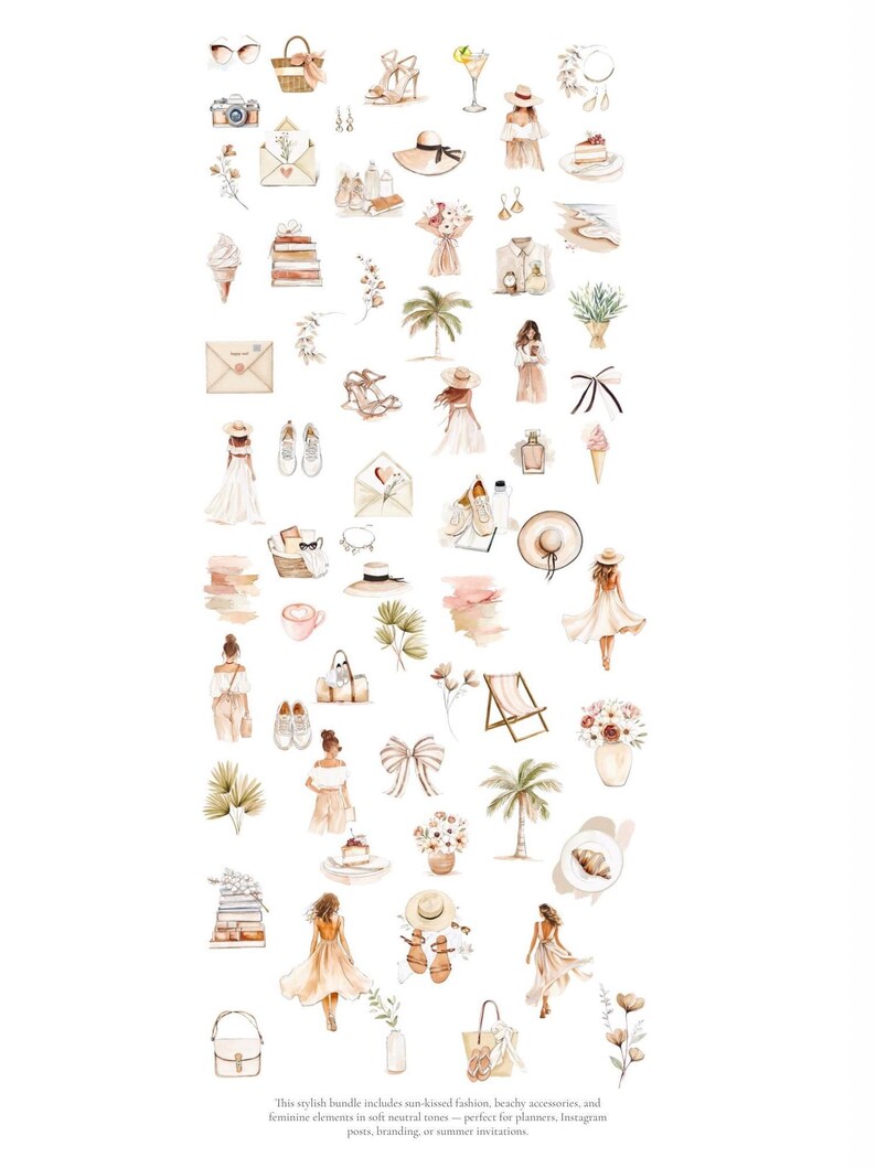 May include: A collection of watercolor illustrations featuring fashion, accessories, and nature-inspired elements. The illustrations are in soft neutral tones and include items like hats, sunglasses, sandals, flowers, and palm trees.